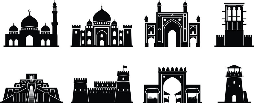 Indian Historical Monument Silhouettes Collection with Forts Gates and Architectural Landmarks