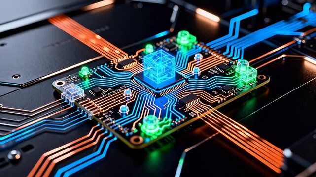 Circuit board with glowing pathways
