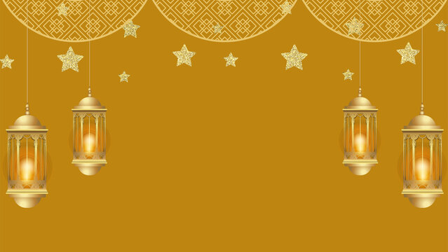 Golden Islamic Ramadan Kareem background featuring traditional hanging lanterns and stars for festive greeting card and religious celebration design