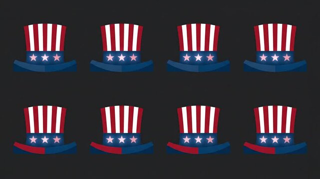 Patriotic Uncle Sam hats with flashing stars animation for US elections. Motion graphic of red white and blue top hat pattern on dark background.