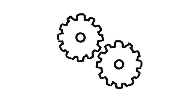 Gears hand drawn animation, cogwheel animated illustration, mechanical system motion design, teamwork process seamless animation, black line doodle elements
