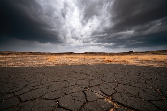 Arid, cracked earth under a dramatic, storm-laden sky