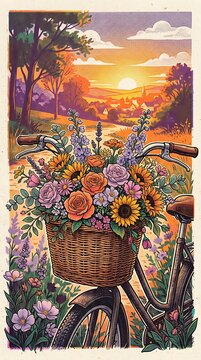 Retro bicycle with a flower basket in a sunset rural landscape