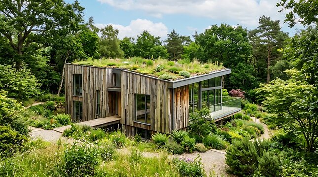 Modern sustainable eco house with a living green roof in a forest