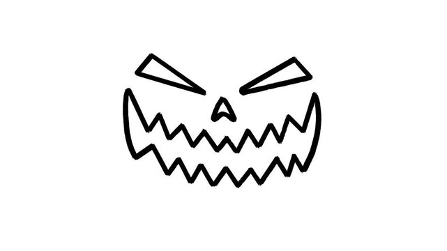 Scary pumpkin face hand drawn animation, spooky halloween animated illustration, creepy evil smile motion design line art sketch, sharp jagged teeth elements