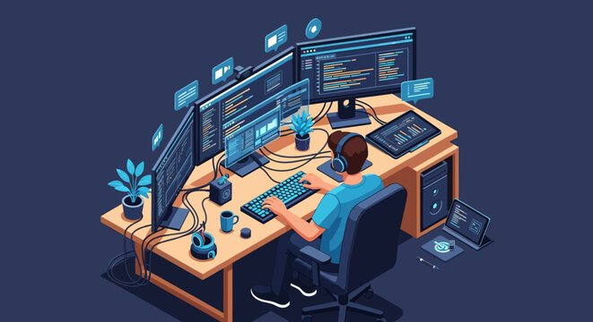 Programmer working on multiple computer screens in a dark room.