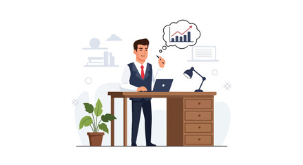 A professional businessman stands at a desk with a laptop, thinking about financial success and growth represented by a rising graph. © Samsul