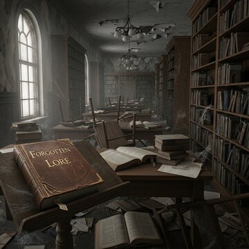 Dusty, abandoned library, forgotten lore book on table, hauntingly lit, atmospheric depth.