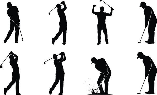 Golfer Action Silhouette Collection Featuring Swing Putting and Celebration Poses