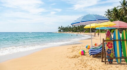 Fototapeta premium A sunny beach scene features a vibrant blue sky with fluffy white clouds. A calm ocean stretches out to the horizon.
