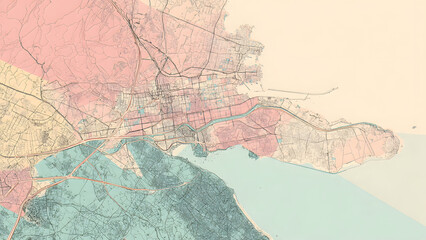 Fototapeta premium Vintage Topographic Map Featuring Coastal Urban Landscapes and Regional Geographic Zones with Detailed Street Grids