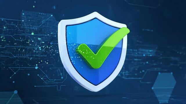 Digital data protection concept with green check mark symbol in a shield against a blue background