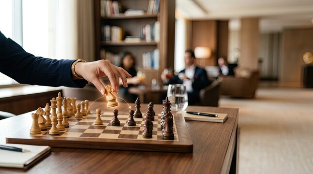 A person is carefully moving a chess pawn on a wooden chessboard. The scene takes place in a luxurious hotel lounge with bookshelves and comfortable seating in the background.