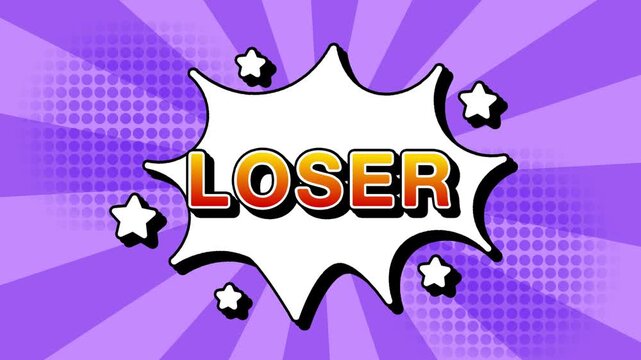 Loser text word lettering popup comic cartoon reveal with bomb and smoke explosion manga anime book page dots radial speed lines doodle lavender background seamless loop vertical animation retro game