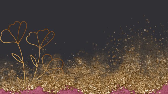 Elegant gold glitter and flower line art on dark textured background