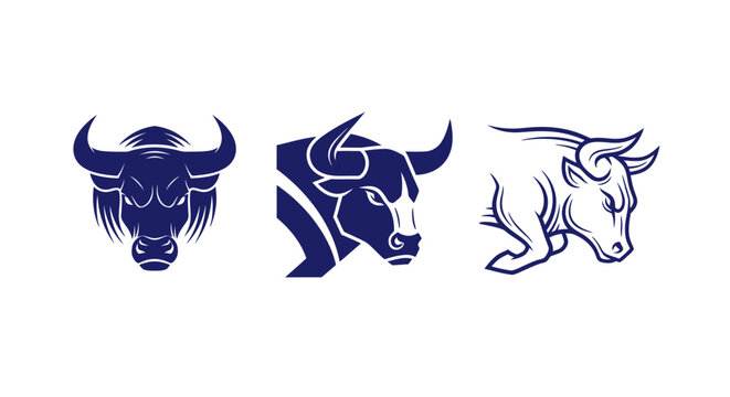 Three stylized blue bull head illustrations.