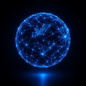 A glowing blue sphere composed of interconnected nodes and lines, representing a digital network or data visualization.