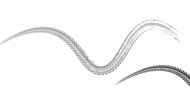 Tire tread marks, drift, motorsport, motocross, rally, tread mark with skid, grinding, splash effect. Graphic set of tire treads, wheel texture, car racing. Vector collection, wheel treads on asphalt