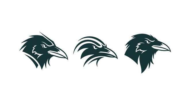 Three stylized raven head silhouettes in profile view.