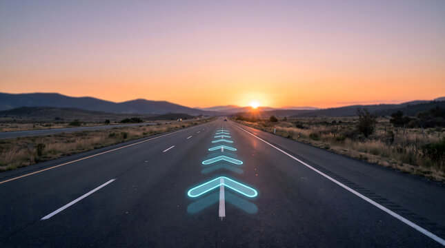 Glowing navigation arrows leading toward success and future business growth along an open highway
