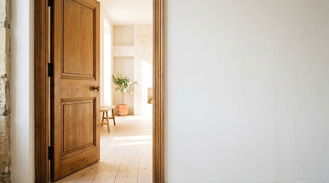 A wooden door stands slightly ajar, revealing a bright, sunlit hallway. The door has a classic design with a dark knob and paneling.
