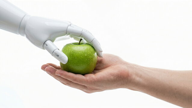Robot hand transferring fresh green apple to human palm on white background, symbolizing technological collaboration and wellness.