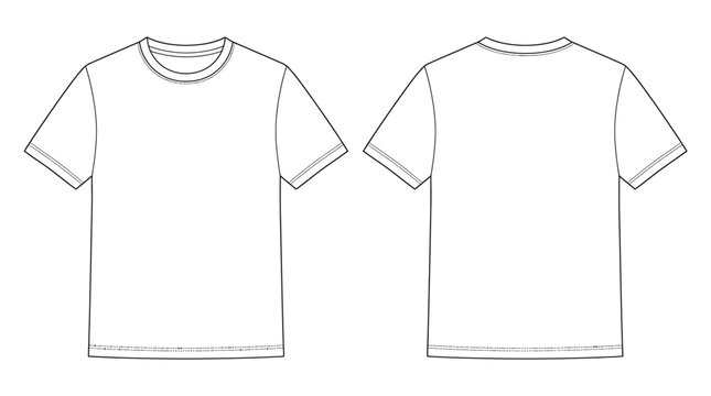Short-sleeve crewneck t-shirt apparel vector sketch with front and back preview lines
