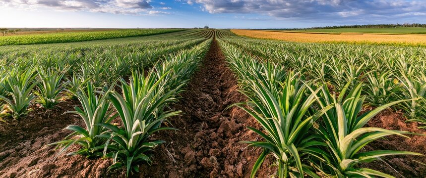Young pineapple plants grow in neat rows across a vast agricultural field
