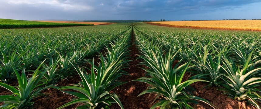 Expansive green pineapple rows stretch to a horizon of golden fields under a dramatic sky