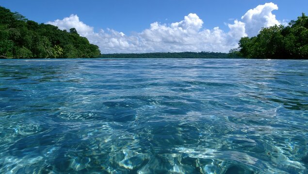 Crystal-clear turquoise water laps gently against lush green, tropical shorelines under a bright blue sky