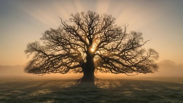 Ancient solitary oak tree in misty field at sunrise with ethereal sun rays, majestic leafless tree silhouette, symbol of nature resilience, growth, and spiritual peace