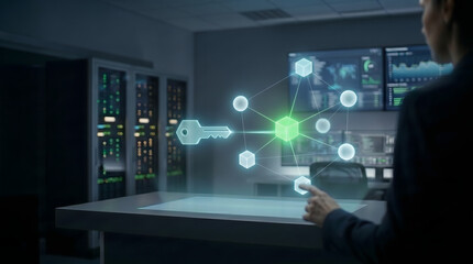 Fototapeta premium Futuristic access control interface with holographic key and permission network in IT server room