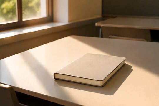A closed notebook rests on a wooden desk bathed in warm sunlight streaming through a classroom window.