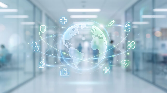 Integrated healthcare system hologram showing digital hospital network and medical service connectivity ecosystem