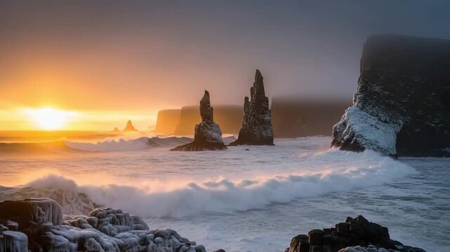 Dramatic icy coastline with jagged sea stacks at sunset, powerful ocean waves crashing against frozen volcanic rocks, winter landscape photography for travel concepts