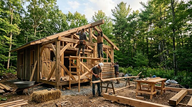 Team of workers constructing a sustainable timber frame house in woods