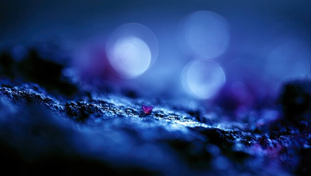 Close-up of a textured surface with a tiny glowing red speck and soft blue bokeh