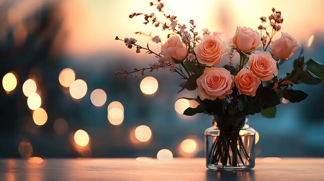 Peach roses in vase, sunset bokeh
