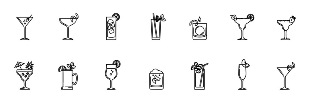 Cocktail Glass Icon Set of Black and White Line Drawings with Drink Symbols for Bar Menu Design Featuring Icons, Drinks, Beverage