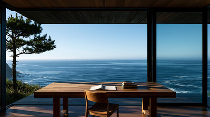 Fototapeta premium Wooden desk facing ocean seaside interior panoramic window modern house calm sea coastal view open book chair wooden floor natural light ocean horizon indoor landscape luxury home minimalist room