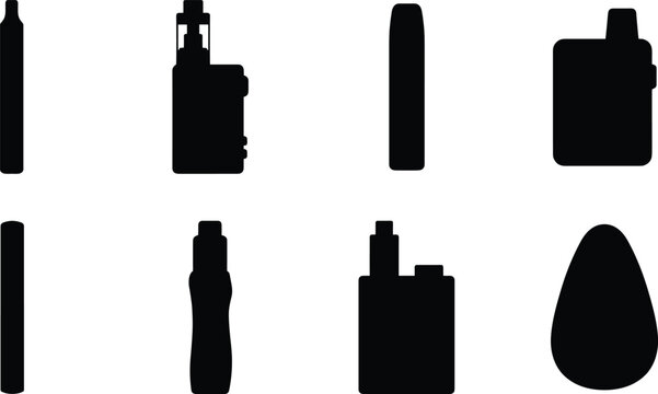 Electronic Cigarettes and Vape Devices Silhouettes Set Featuring Box Mods Pod Systems and Disposable Vapes