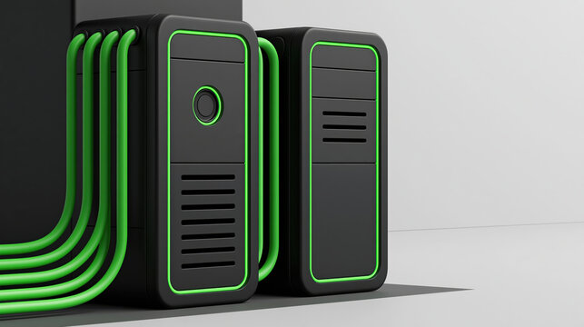 Minimal server structure with green signal and network cable in modern 3d render on clean background