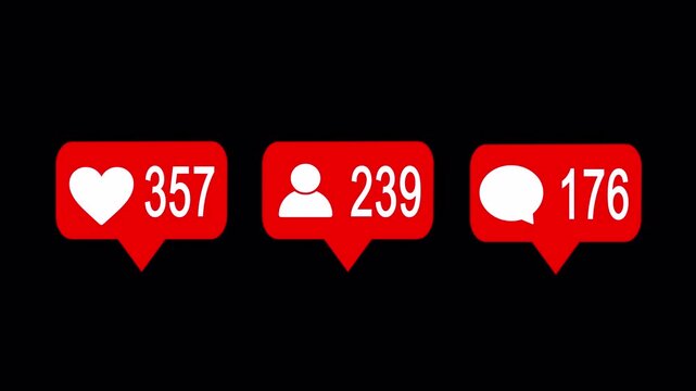 Social media engagement notification counter animation: likes followers and comments icon. Increasing network viral growth instagram overlay with transparent background alpha chanel