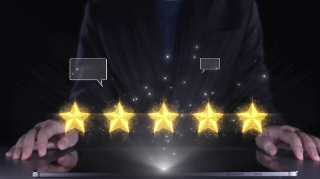 A businessman interacts with a laptop as digital review stars and comment bubbles float above. This image symbolizes online reputation management and customer engagement in the digital age. Qubit