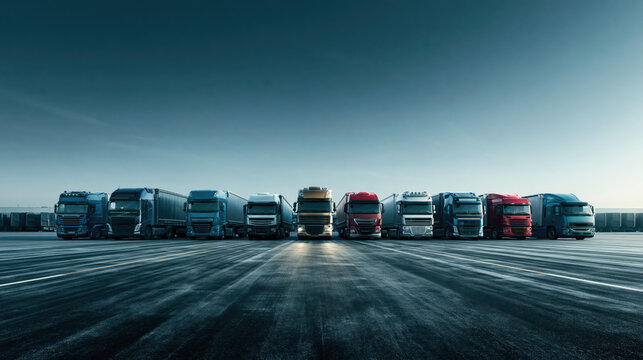 Row of large truck parked on empty asphalt lot under dramatic sky, fleet of freight truck in industrial yard