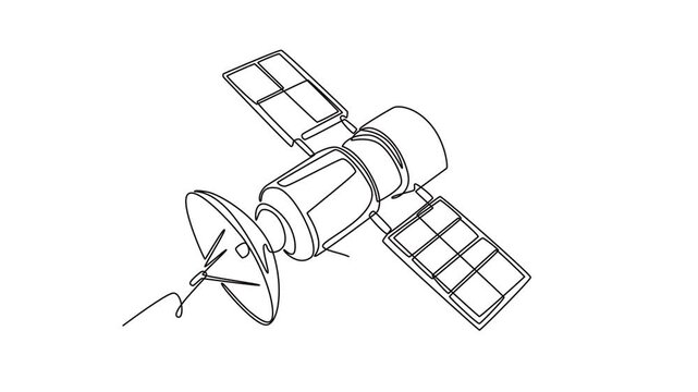Self drawing animation of single line draw orbital satellite space vehicle with solar panels, communication dish antenna, representing advanced cosmos technology. Continuous line. Full length animated