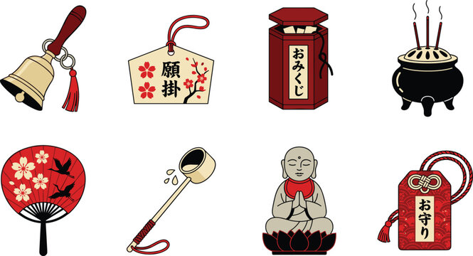 Japanese shinto shrine and buddhist temple culture icon set with jizo statue omamori ema wooden plaque and incense burner