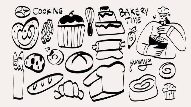 Hand-drawn doodle bakery illustration set in black and white line art. Minimalist isolated sketch icons with lettering for pastry shop menu, cafe branding, and baking design.
