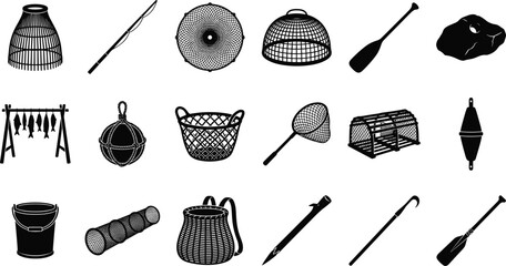 Traditional Fishing Equipment and Fish Harvesting Silhouette Icon Set Vector Collection © Milon