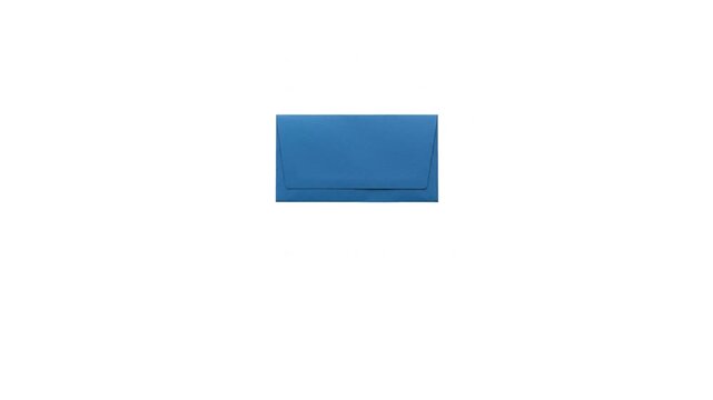 Animated blank blue paper envelope falling from the top on an isolated white background. Realistic 3D corporate mail, invitation, or greeting card mockup dropping down animation loop for branding, mar